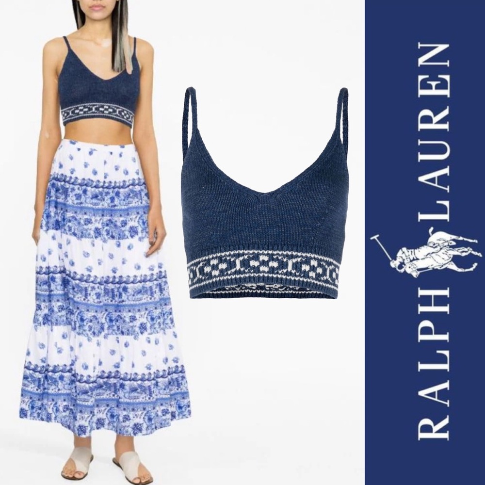 POLO by Ralph Lauren Geo-Motif Knitted Crop Top Woven Crochet Navy Bralette LG